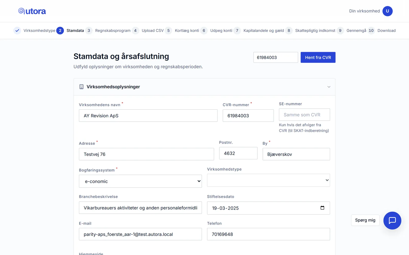 Autora, trinnet Virksomhed: Stamdata hentes fra CVR